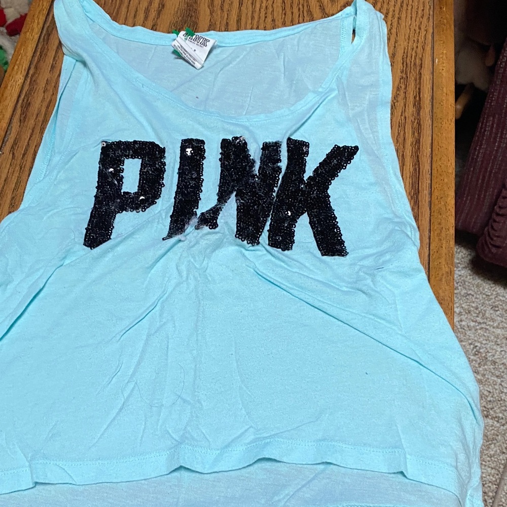 PINK Victoria's Secret Aqua Tank Top with Black Sequins size small